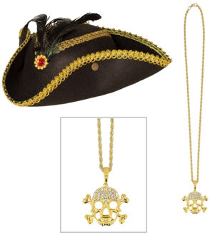 Boland Verkleedkleding set Piraten hoed - zwart - met piraten ketting - Piraten accessiores - dames/heren