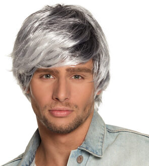 Boland Verkleedpruik Bad Boy heren - grijs/wit - Boyband/seventies/eighties - kort golvend haar