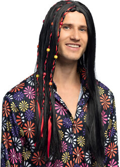 Boland Verkleedpruik Dude voor heren - zwart - Hippie/Sixties - Carnaval - lang haar met kraaltjes