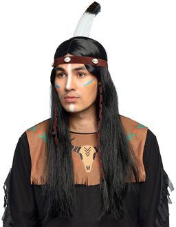 Boland Verkleedpruik - Indiaan Winnetoe - heren - zwart - met band en veer - Carnaval - lang haar