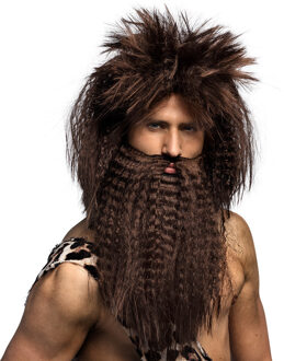 Boland Verkleedpruik met baard voor heren - bruin - Holbewoner - Carnaval - lang wild haar