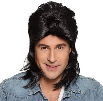Boland Verkleedpruik met matje voor heren - zwart - Eighties/Nineties - Carnaval - half lang haar