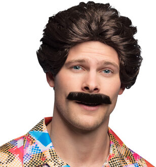 Boland Verkleedpruik voor heren - bruin - Eighties/Filmster - Carnaval - haar en foute snor