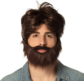 Boland Verkleedpruik voor heren met baardje - bruin - The Hangover Dude - Carnaval - kort haar
