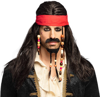Boland Verkleedpruik voor heren - zwart - Piraten kapitein - Carnaval - met bandana/baard/snor
