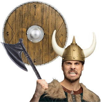 Boland Viking verkleedkleding set - 3 delig - heren - helm met hoorns - Schild - Hakbijl van 46 cm Grijs