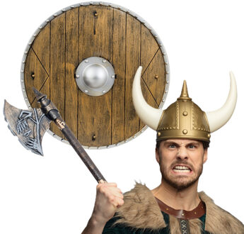 Boland Viking verkleedkleding set - 3 delig - heren - helm met hoorns - Schild - Hakbijl van 68 cm Grijs