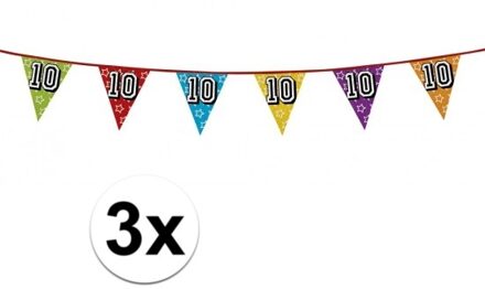 Boland Vlaggenlijn 10 jaar - 3x - multicolor - glitters - 8 meter - kunststof - vlaggetjes