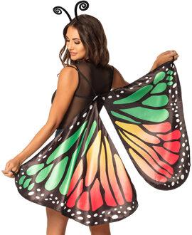 Boland Vlinder verkleed vleugels - groen/rood - dames - met voelsprieten diadeem - Carnavalskleding