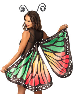 Boland Vlinder verkleed vleugels - groen/rood - dames - met voelsprieten diadeem - Carnavalskleding