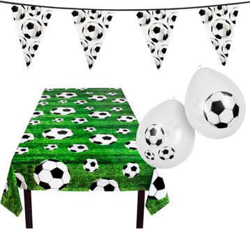 Boland Voetbal versiering feestpakket - tafelkleed 120 x 180 cm - vlaggenlijn 6 m - 12x ballonnen - Feesttafelkleden Multikleur