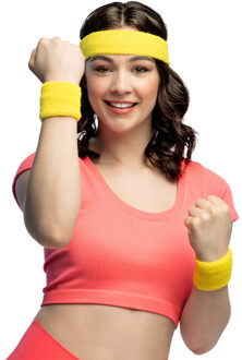 Boland Zweetbandjes set van 3 stuks - Neon Geel - Hoofdband en polsbandjes - Eighties Fluor geel