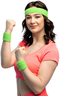 Boland Zweetbandjes set van 3 stuks - Neon Groen - Hoofdband en polsbandjes - Eighties Fluor groen