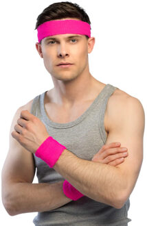 Boland Zweetbandjes set van 3 stuks - Neon Roze - Hoofdband en polsbandjes - Eighties - UV light