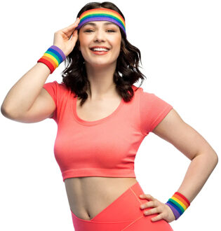 Boland Zweetbandjes set van 3 stuks - regenboog - Hoofdband en polsbandjes - Eighties - Pride