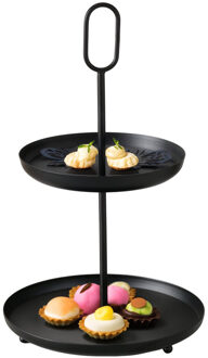 Boltze Etagere 2-laags - zwart - RVS - H34 cm - Hightea/tapas/koekjes/taartjes serveerschaal