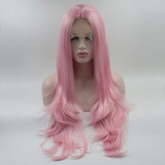 Bombshell Wit Roze Natuurlijke Golf Synthetische Hand Tied Lace Front Pruik Hittebestendige Vezel Haar Middenscheiding Voor Vrouwen Pruiken 26 inches