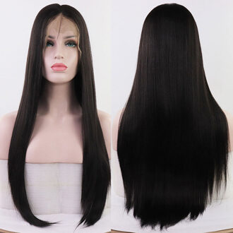 Bombshell Zwarte Lange Rechte Synthetische Haarkant Lijmloze Hittebestendige Vezel Haar Middenscheiding Voor Vrouwen Pruiken 26 inches