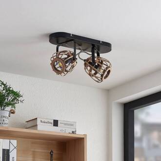 Bominio plafondspot, 2-lamps mat zwart, licht hout
