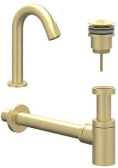 Bond fonteinset: fonteinkraan met gebogen uitloop model S 19,4 cm en always open plug, geborsteld mat goud PVD