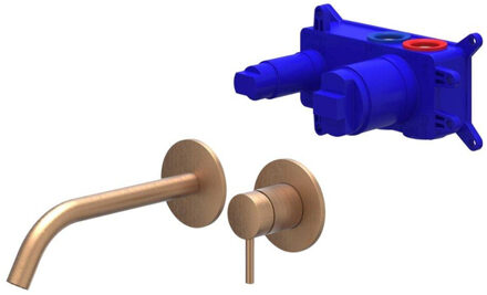 Bond Wastafelmengkraan - 2-gats - inbouw - wandmontage - gebogen uitloop - coldstart - met inbouwdeel - Geborsteld mat koper PVD SW1030809 SW1030894 Koper geborsteld