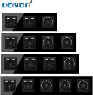 BONDA USB wall socket, EU German standard, black crystal tempered glass panel, three-layer power socket, power socket 16A