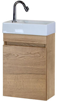 Bonsai Badmeubelset - Natuur Eiken - Keramische Wastafel Fontein Links en Rechts