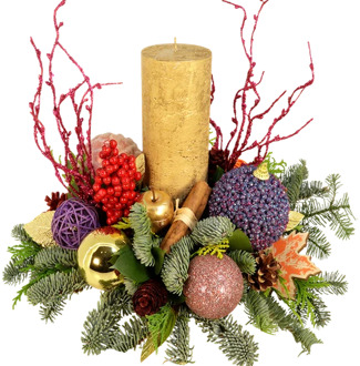 Bont kerststuk ca. Ø 35 cm met dikke gouden kaars