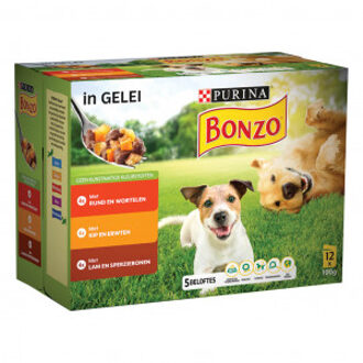 Bonzo Purina Bonzo met rund, kip, lam in gelei maaltijdzakjes natvoer hond 8 dozen (96 x 85 g)