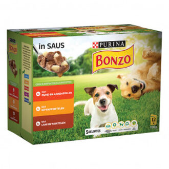 Bonzo Vitafit Adult maaltijdzakjes met rund, kip, lam en groenten in saus hondenvoer 8 x (12 x 100 g)