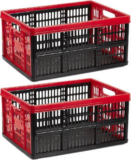 Boodschappenkrat - 2x stuks - 32L - 48 x 35 x 24 cm - vouwkrat - zwart/rood