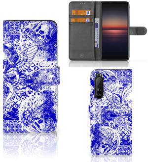 Book Style Case Sony Xperia 1 II Smartphone Hoesje Angel Skull Blue