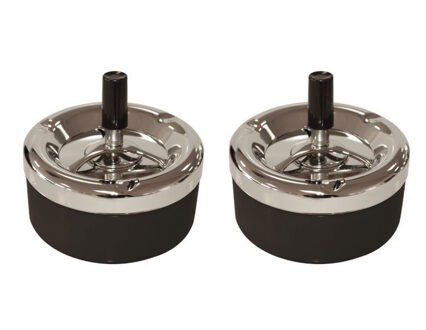 Bookwill Draaiasbak - 2x stuks - zwart met chroom - 13 cm - metaal - rond - drukasbak - Terrasasbak - Stormas