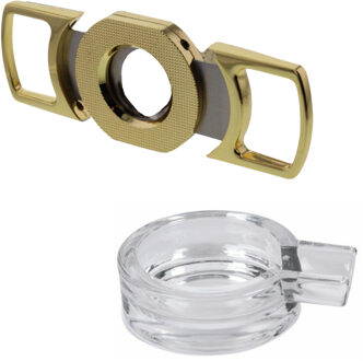 Bookwill Sigaren set - asbak - glas - D15 cm - sigarenknipper - 25 mm - goud