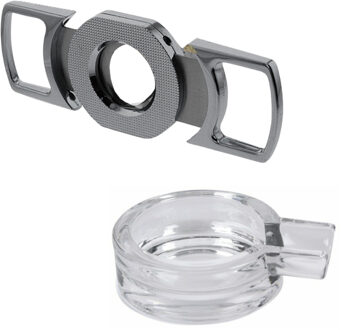 Bookwill Sigaren set - asbak - glas - D15 cm - sigarenknipper - 26 mm - zilver