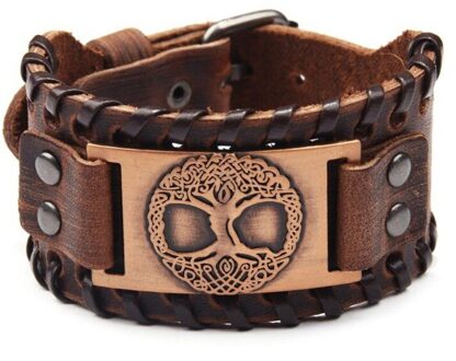 Boom Van Het Leven Metalen Bedelarmband Brede Gevlochten Lederen Vintage Armbanden Voor Mannen Sieraden RoseGold