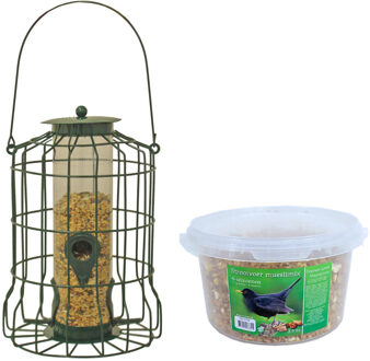 Boon Vogel voedersilo - voor kleine vogels - groen - 36 cm - metaal - met mueslimix vogelvoer