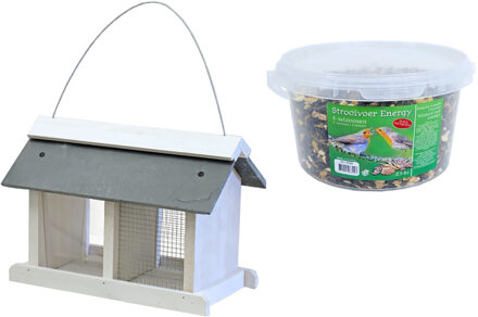 Boon Vogelhuisje/voedersilo met twee vakken hout/leisteen 31 cm inclusief 4-seizoenen energy vogelvoer - Vogelhuisjes Wit