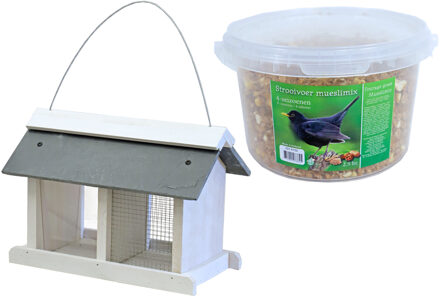 Boon Vogelhuisje/voedersilo met twee vakken hout/leisteen 31 cm inclusief 4-seizoenen mueslimix vogelvoer - Vogelhuisjes Wit