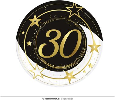 Borden Sterren zwart/wit/goud 30 Jaar (6st) Zwart, Multikleur - Print, Goud - Brons