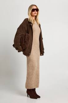 Borg Flare Sleeve Gebreide Maxi Jurk, Camel - L