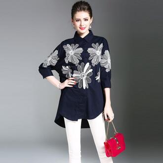 Borisovich Vrouwen Casual Lange Shirts Herfst Mode Turn-down Kraag Bloemen Borduurwerk Vrouwelijke Blouse Shirt M585 zwart / S