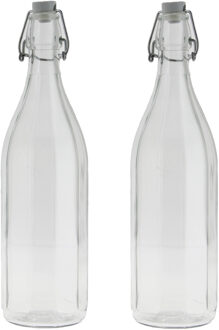 Bormioli Rocco 2x Stuks Glazen Fles Transparant Met Beugeldop 1000 Ml - Drinkflessen