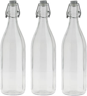 Bormioli Rocco 3x Stuks Glazen Fles Transparant Met Beugeldop 1000 Ml - Drinkflessen