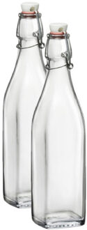 Bormioli Rocco beugelfles/weckfles - 2x - 1 liter - glas - vierkant - water/olie/azijn/sapjes