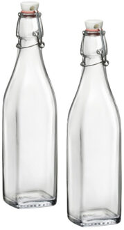 Bormioli Rocco beugelfles/weckfles - 2x - 1 liter - glas - vierkant - water/olie/azijn/sapjes