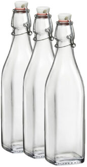 Bormioli Rocco beugelfles/weckfles - 3x - 1 liter - glas - vierkant - water/olie/azijn/sapjes