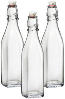 Bormioli Rocco beugelfles/weckfles - 3x - 1 liter - glas - vierkant - water/olie/azijn/sapjes