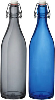 Bormioli Rocco Deco of weckflessen set - 2x stuks - met beugeldop - 30 cm - 1 liter - blauw en grijs