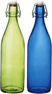 Bormioli Rocco Deco of weckflessen set - 2x stuks - met beugeldop - 30 cm - 1 liter - blauw en groen